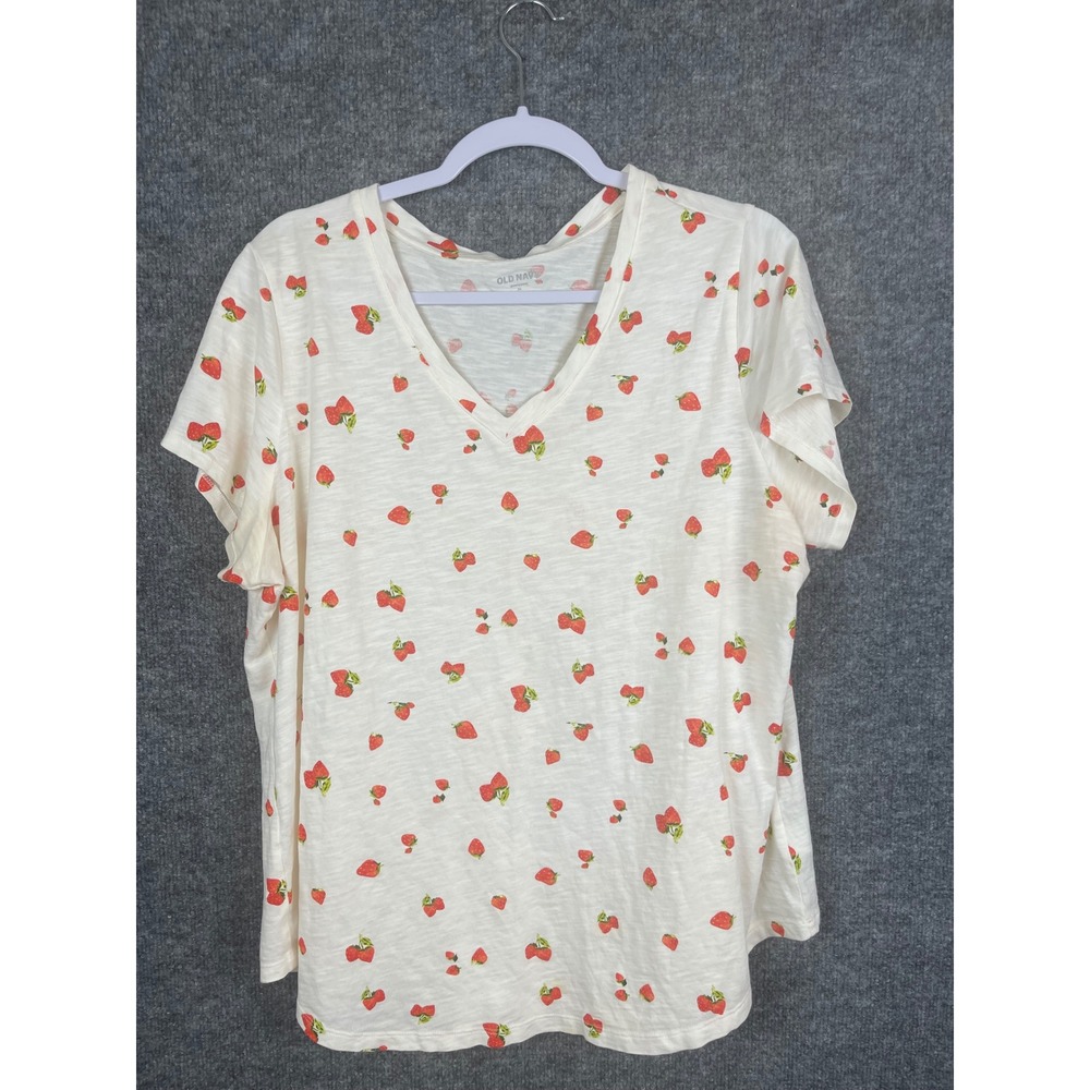 Old Navy Strawberry Print V-Neck T-Shirt Women's XL Cream Short Sleeve